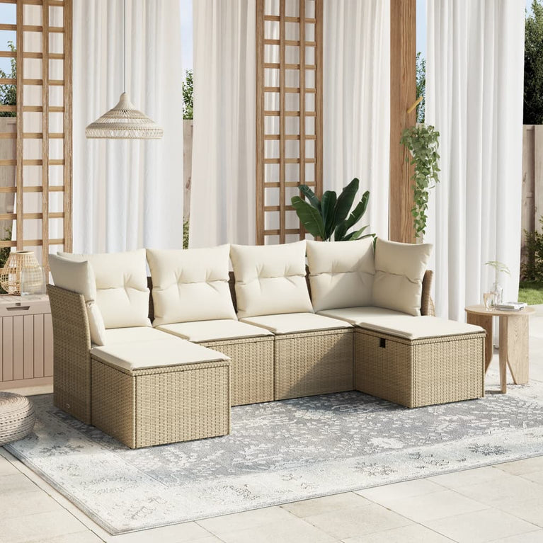 6-delige Loungeset met kussens poly rattan beige