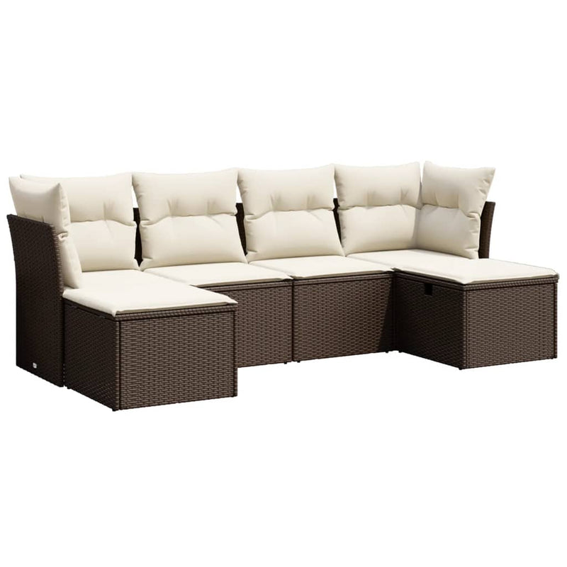 6-delige Loungeset met kussens poly rattan bruin