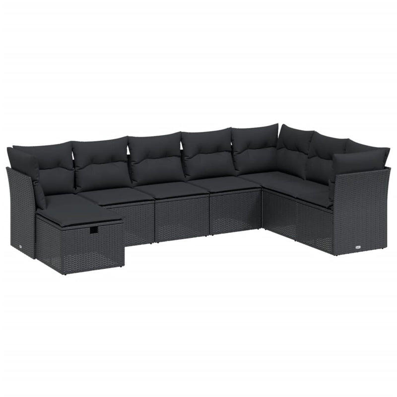 8-delige Loungeset met kussens poly rattan zwart