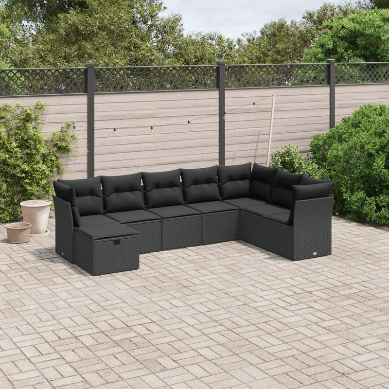 8-delige Loungeset met kussens poly rattan zwart