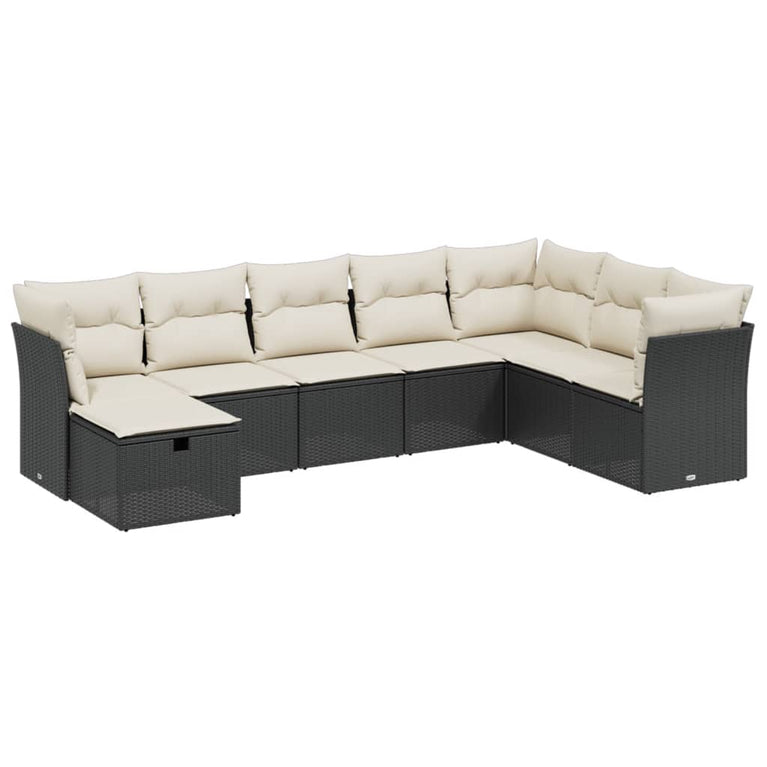 8-delige Loungeset met kussens poly rattan zwart
