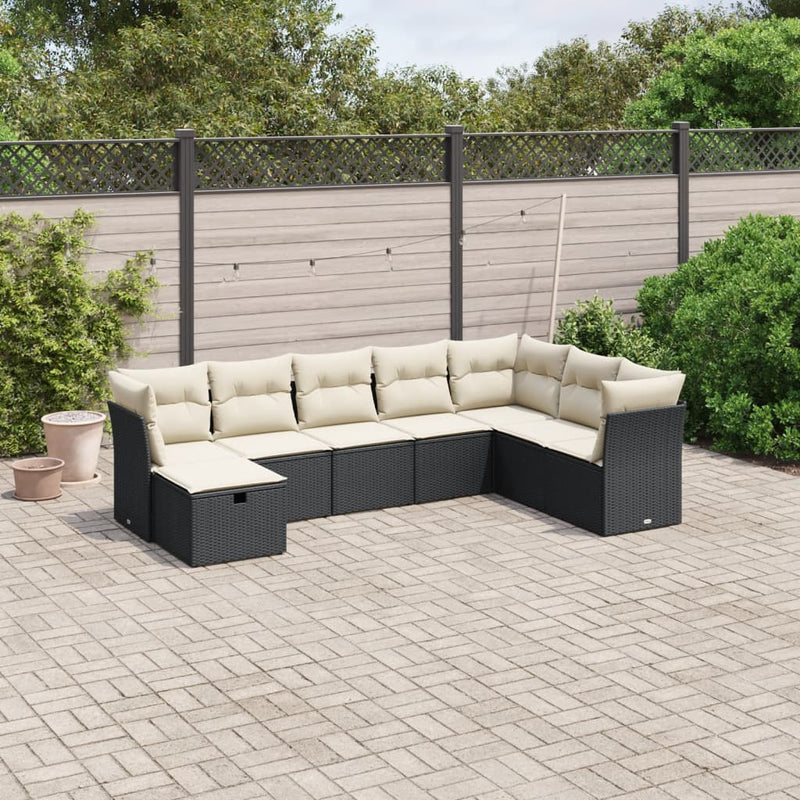 8-delige Loungeset met kussens poly rattan zwart
