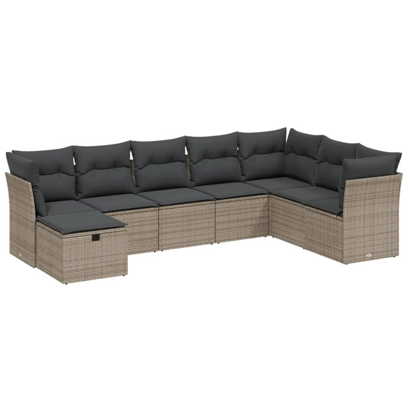 8-delige Loungeset met kussens poly rattan grijs
