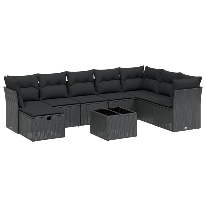 9-delige Loungeset met kussens poly rattan zwart