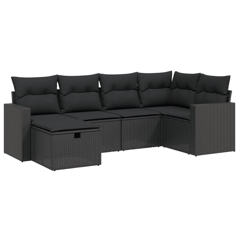 6-delige Loungeset met kussens poly rattan zwart