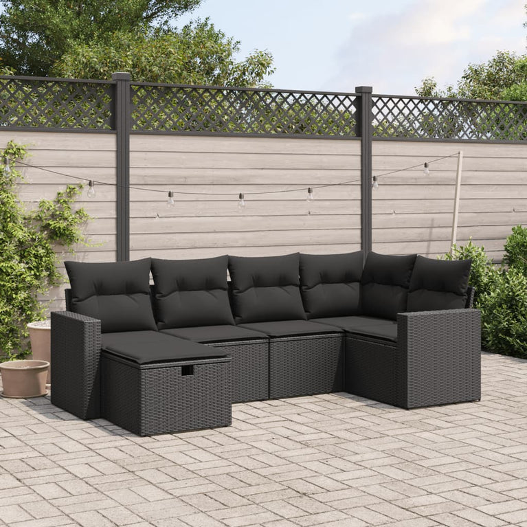 6-delige Loungeset met kussens poly rattan zwart