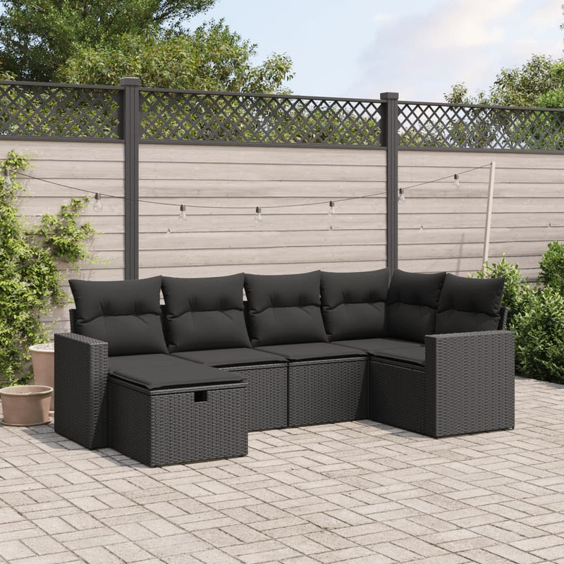 6-delige Loungeset met kussens poly rattan zwart