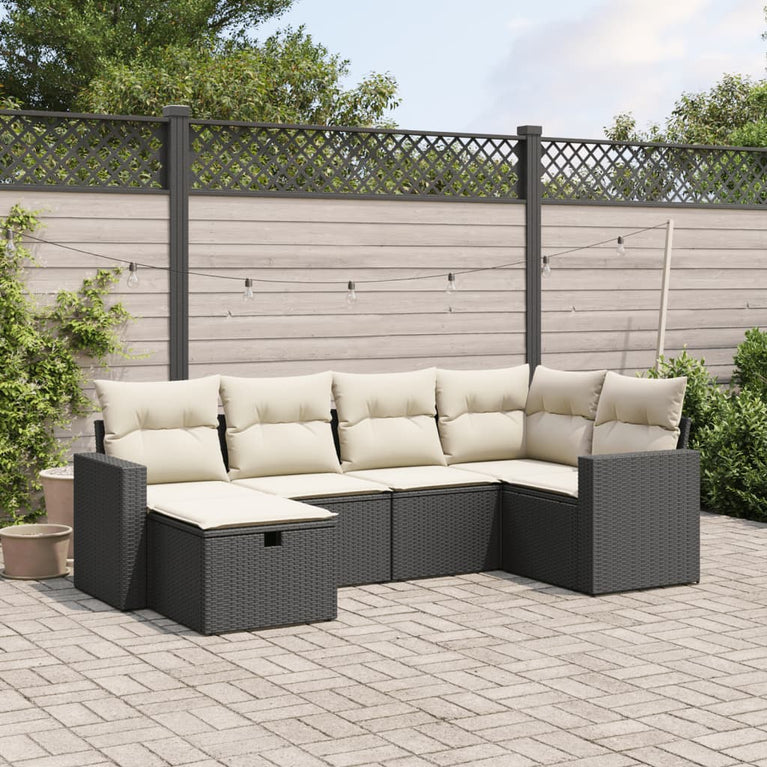 6-delige Loungeset met kussens poly rattan zwart