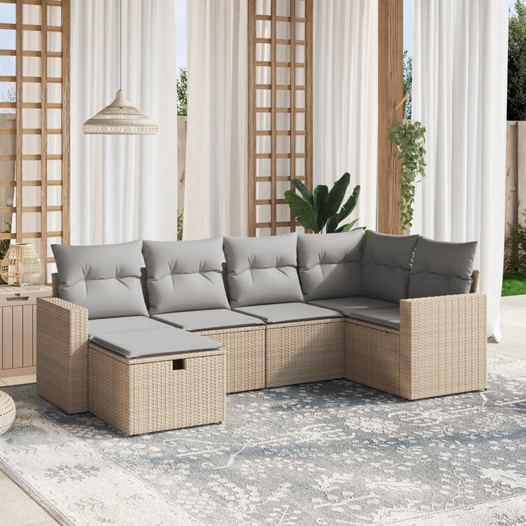 6-delige Loungeset met kussens poly rattan gemengd beige