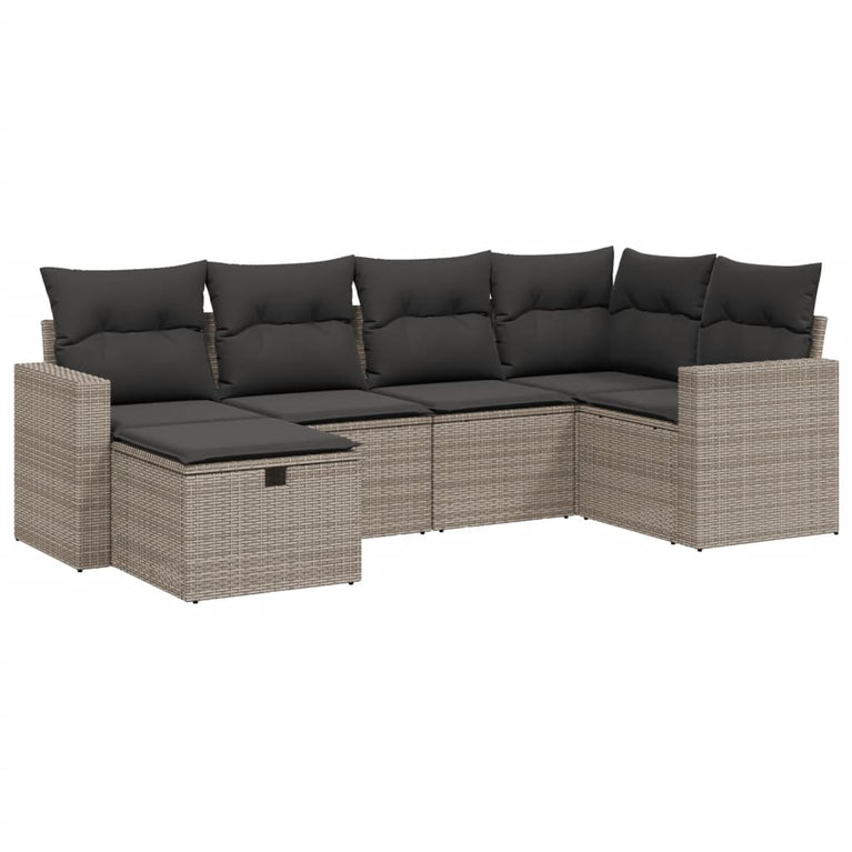 6-delige Loungeset met kussens poly rattan grijs