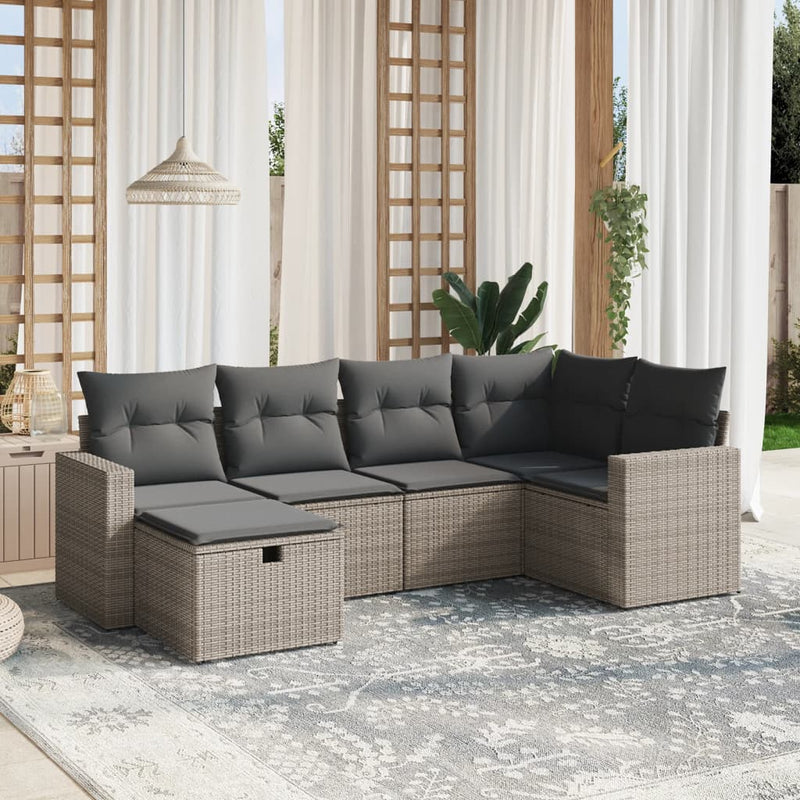 6-delige Loungeset met kussens poly rattan grijs