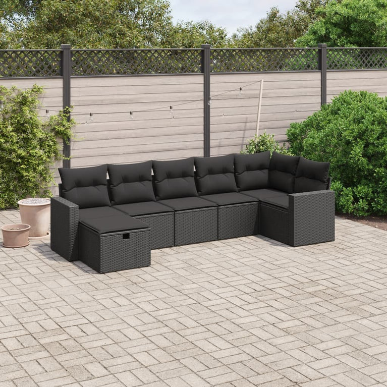7-delige Loungeset met kussens poly rattan zwart