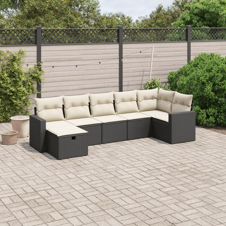7-delige Loungeset met kussens poly rattan zwart