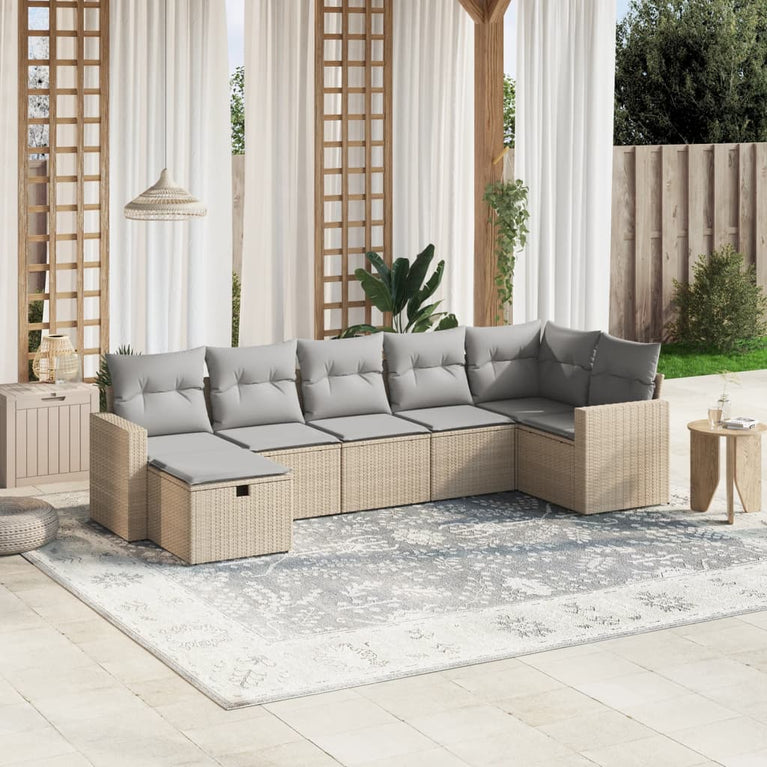 7-delige Loungeset met kussens poly rattan gemengd beige