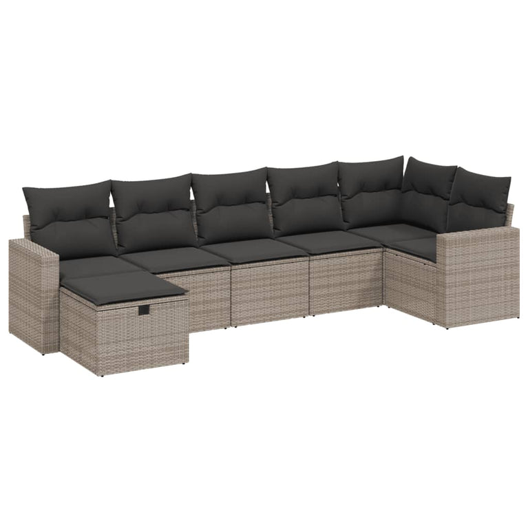 7-delige Loungeset met kussens poly rattan grijs