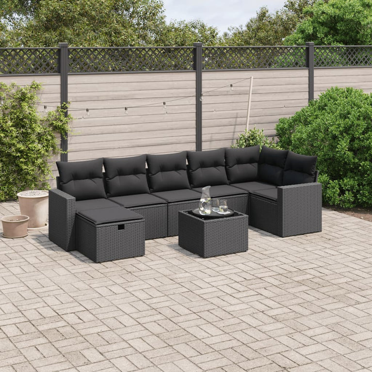 8-delige Loungeset met kussens poly rattan zwart