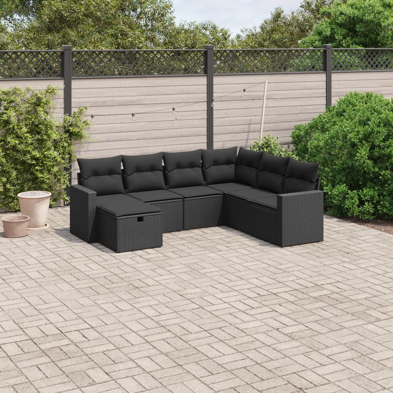 7-delige Loungeset met kussens poly rattan zwart