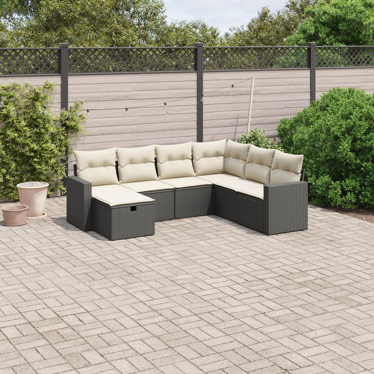 7-delige Loungeset met kussens poly rattan zwart