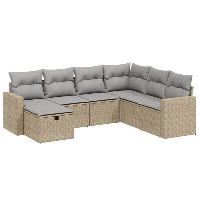 7-delige Loungeset met kussens poly rattan gemengd beige
