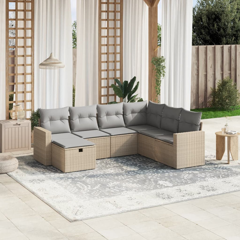 7-delige Loungeset met kussens poly rattan gemengd beige
