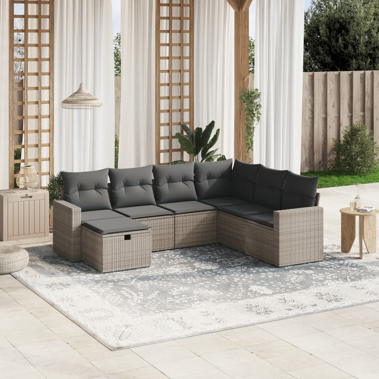 7-delige Loungeset met kussens poly rattan grijs