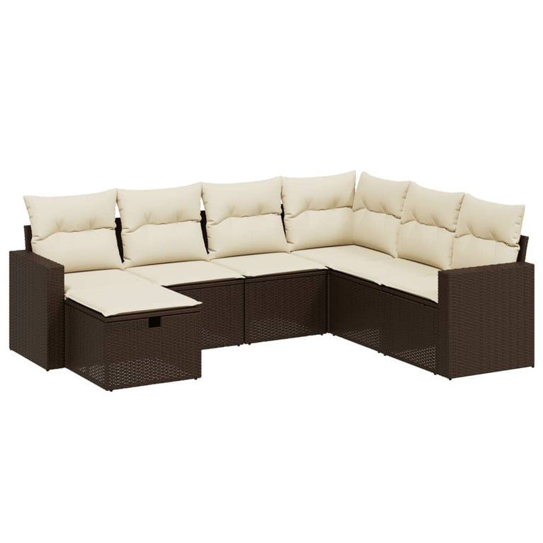 7-delige Loungeset met kussens poly rattan bruin