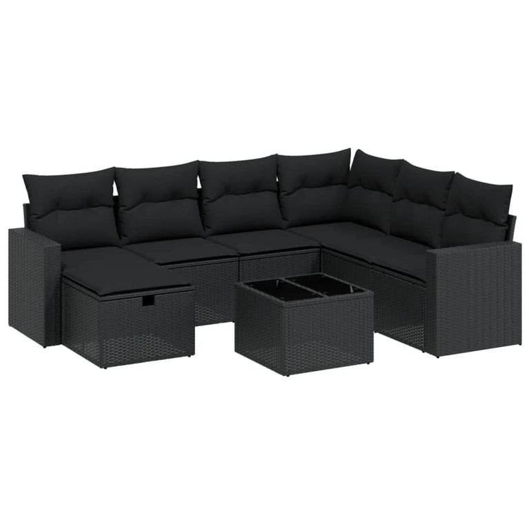 8-delige Loungeset met kussens poly rattan zwart