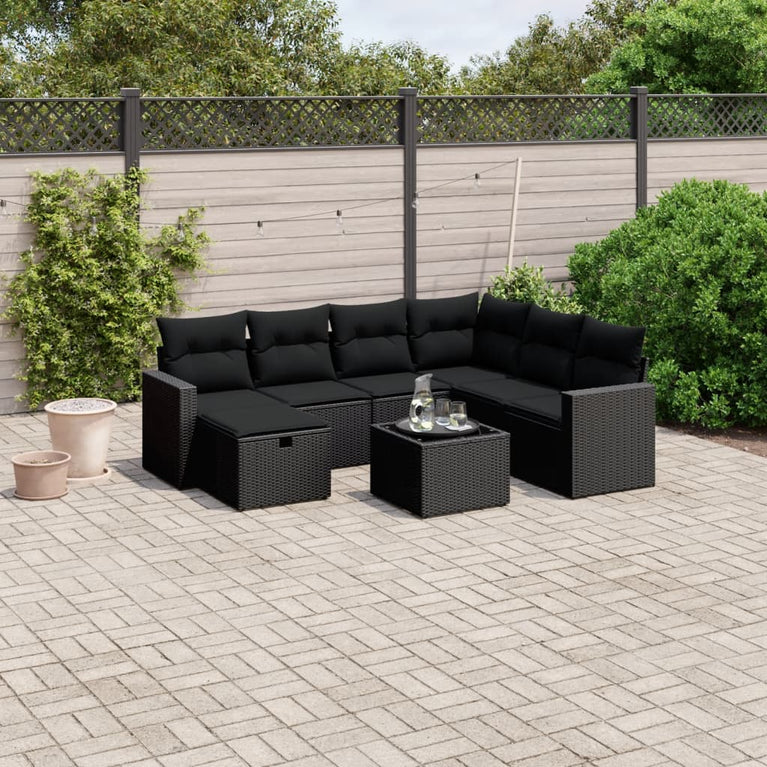 8-delige Loungeset met kussens poly rattan zwart