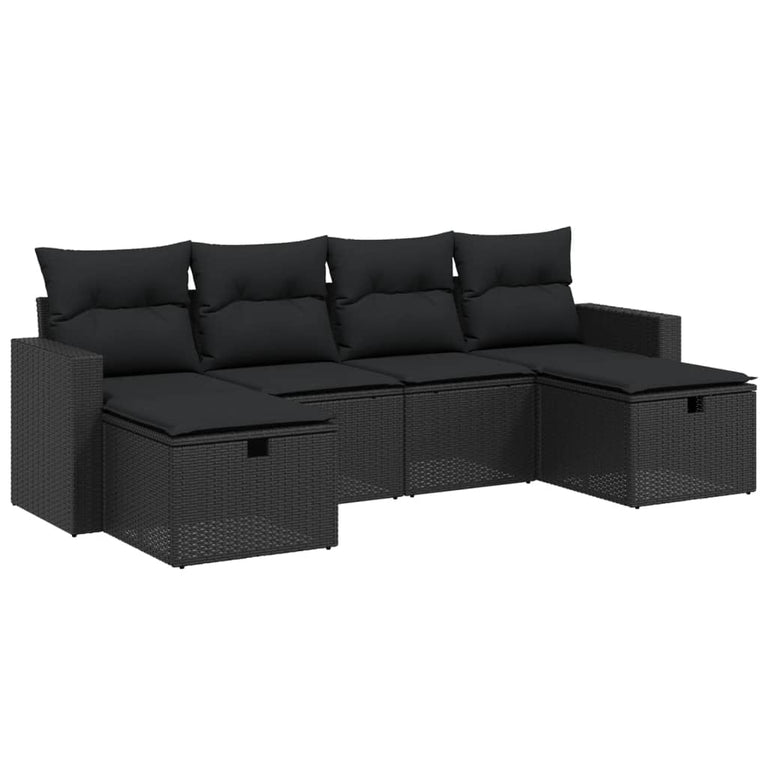 6-delige Loungeset met kussens poly rattan zwart