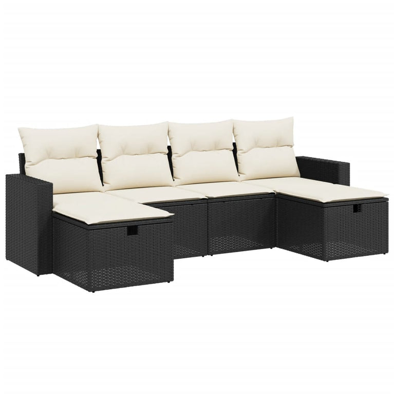 6-delige Loungeset met kussens poly rattan zwart
