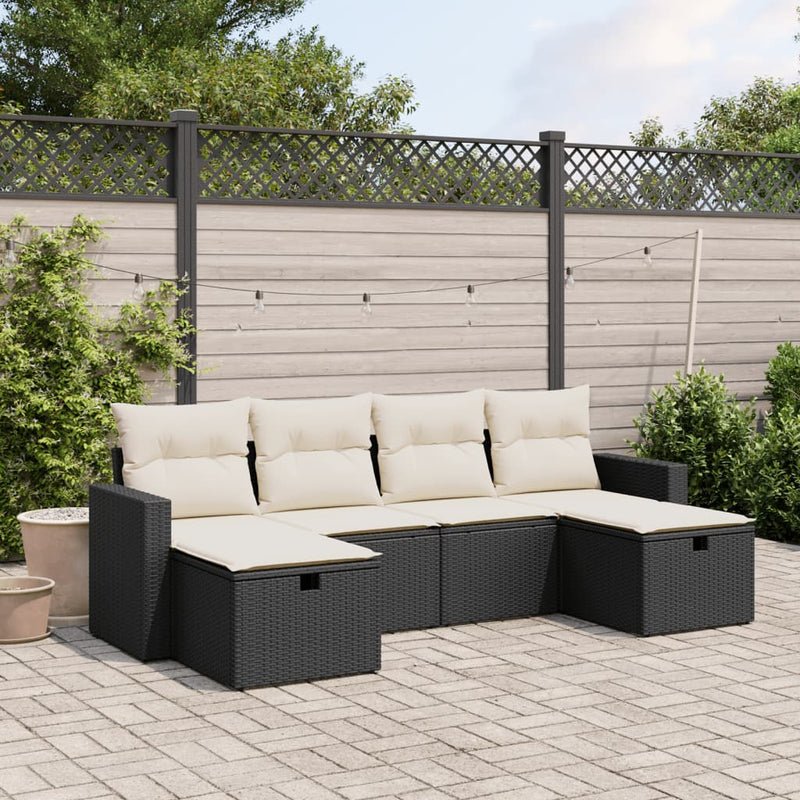 6-delige Loungeset met kussens poly rattan zwart