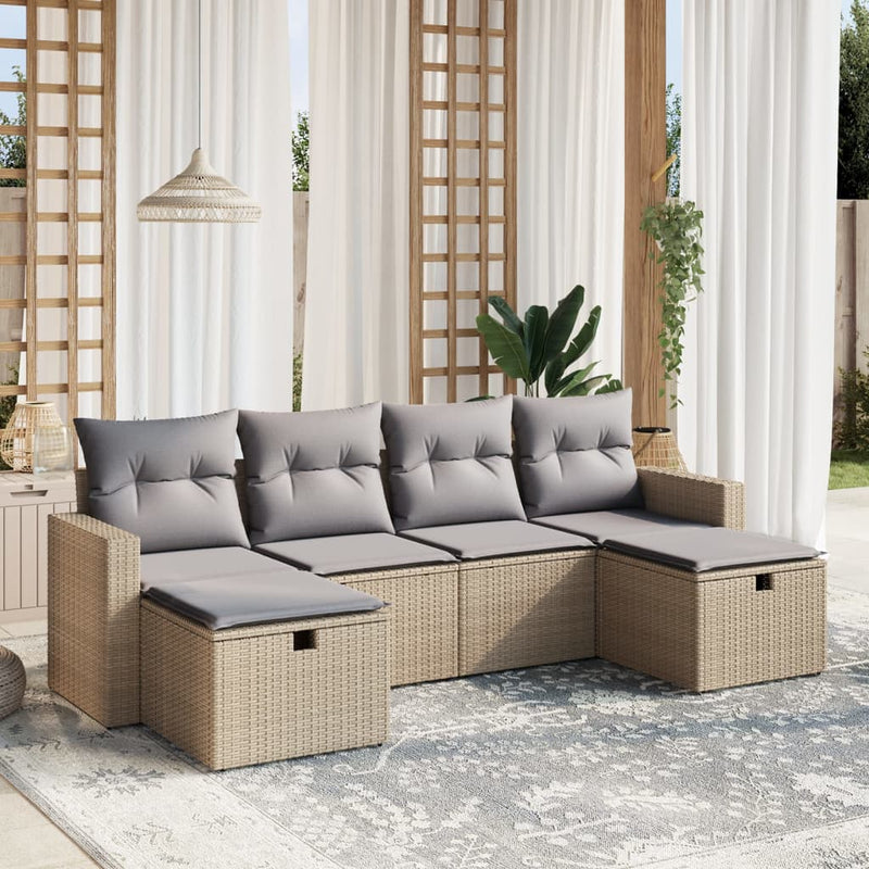 6-delige Loungeset met kussens poly rattan gemengd beige