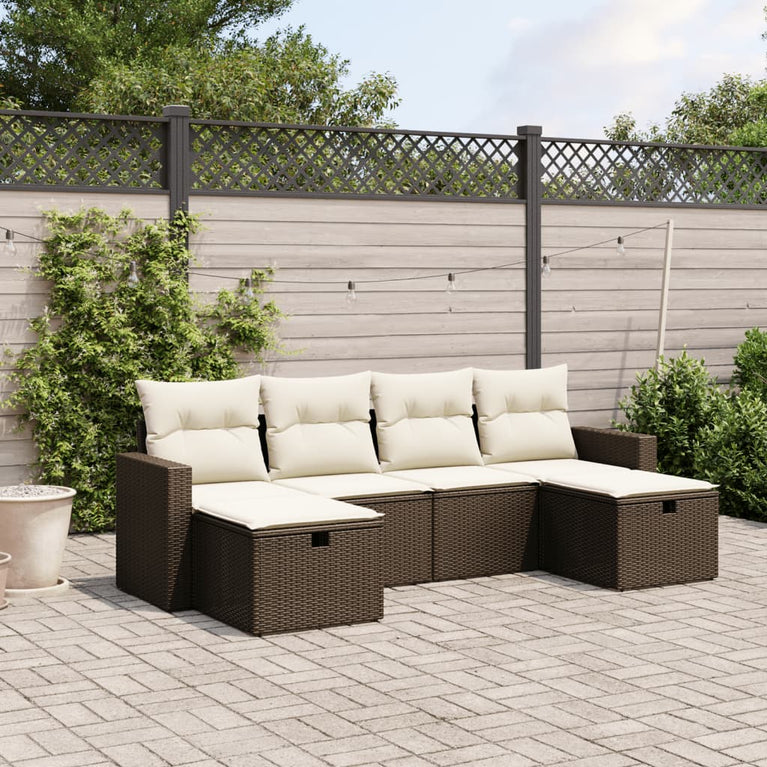 6-delige Loungeset met kussens poly rattan bruin