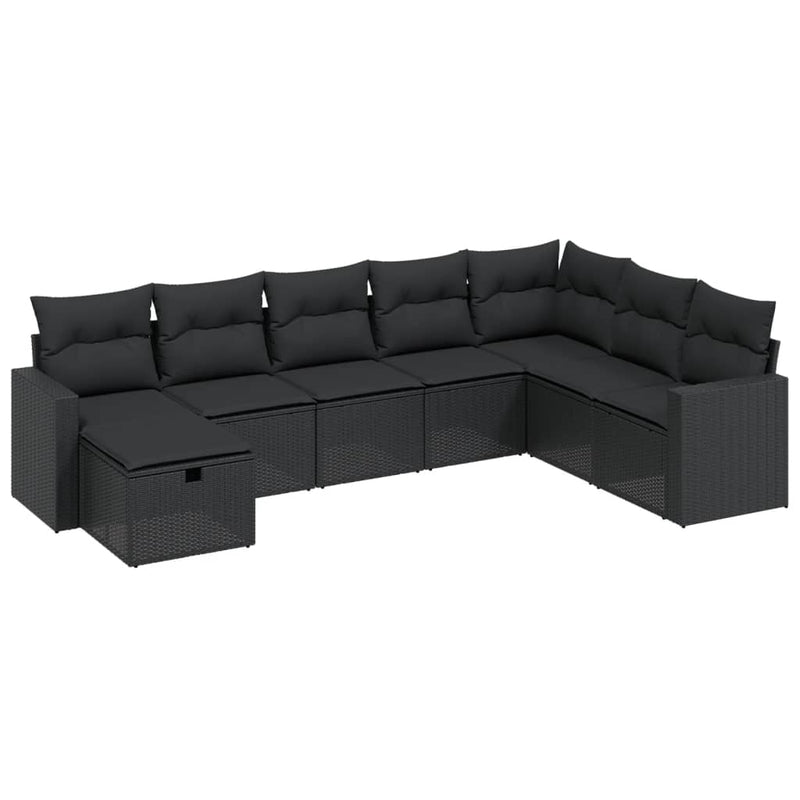 8-delige Loungeset met kussens poly rattan zwart