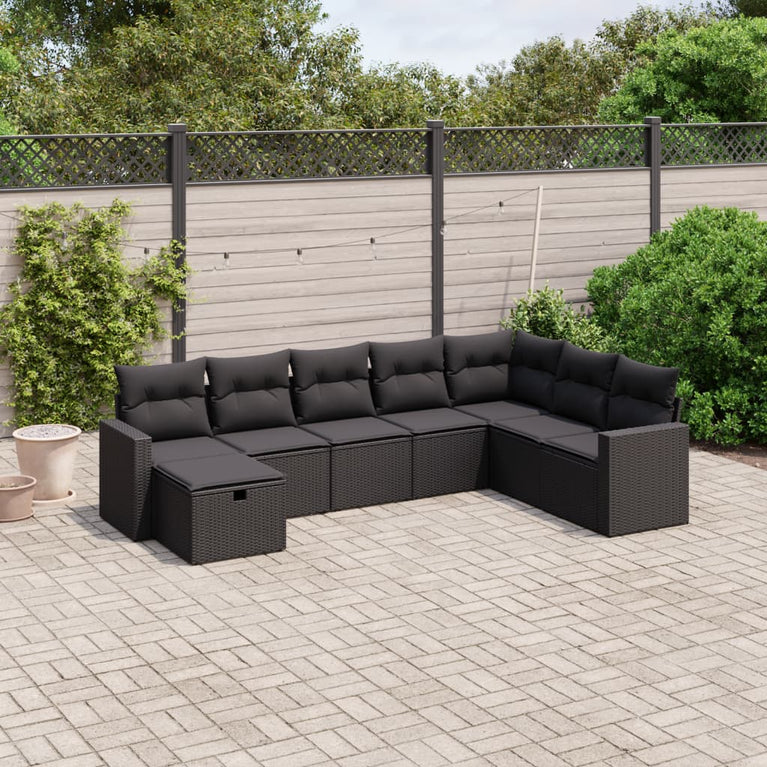 8-delige Loungeset met kussens poly rattan zwart