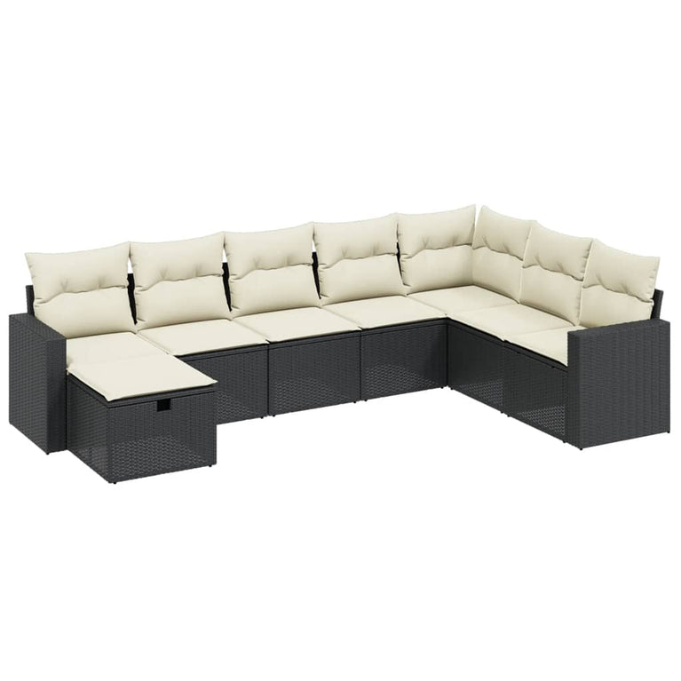 8-delige Loungeset met kussens poly rattan zwart