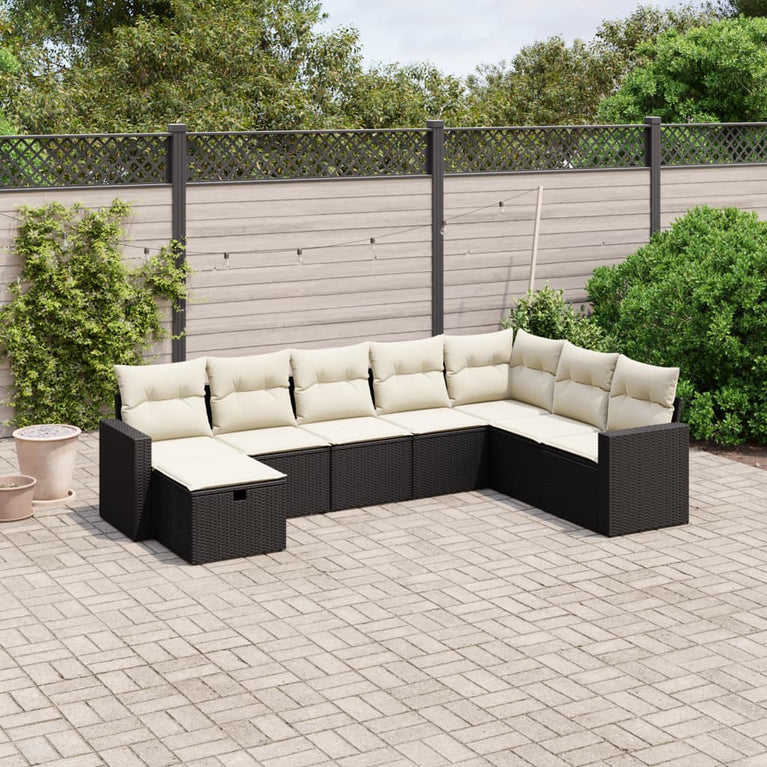 8-delige Loungeset met kussens poly rattan zwart
