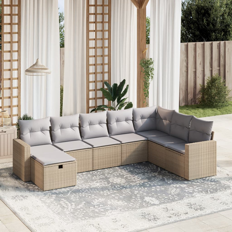 8-delige Loungeset met kussens poly rattan gemengd beige