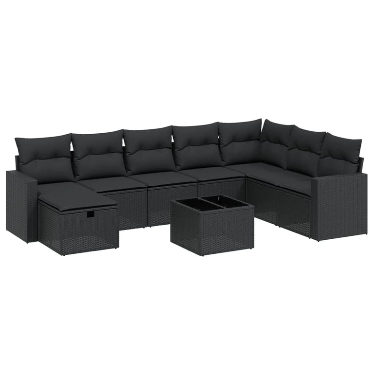 9-delige Loungeset met kussens poly rattan zwart