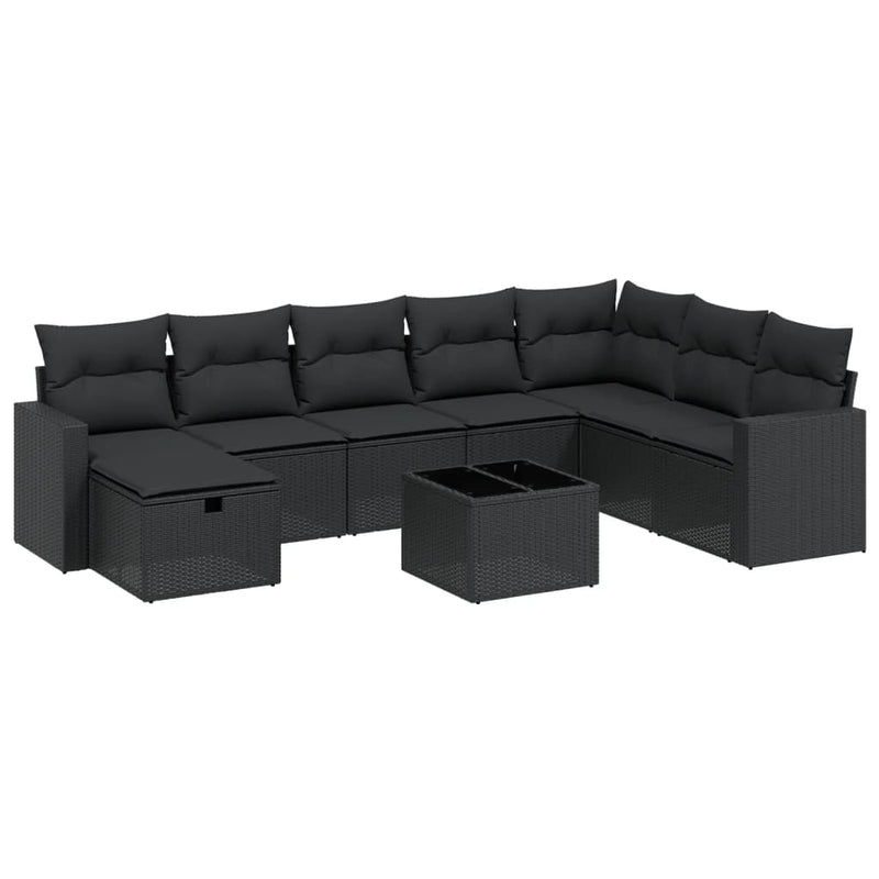 9-delige Loungeset met kussens poly rattan zwart