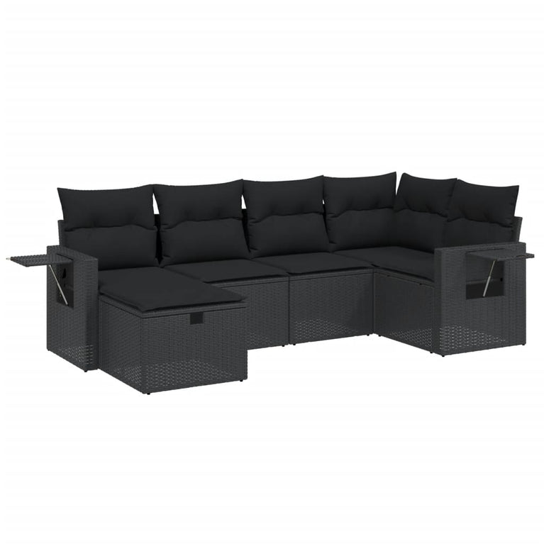 6-delige Loungeset met kussens poly rattan zwart