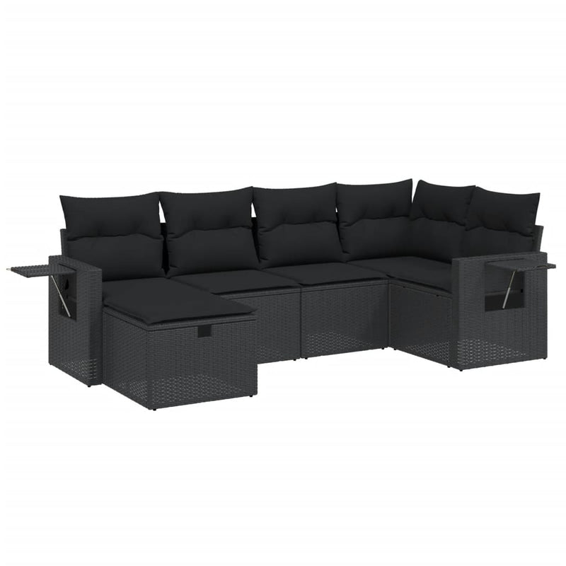 6-delige Loungeset met kussens poly rattan zwart