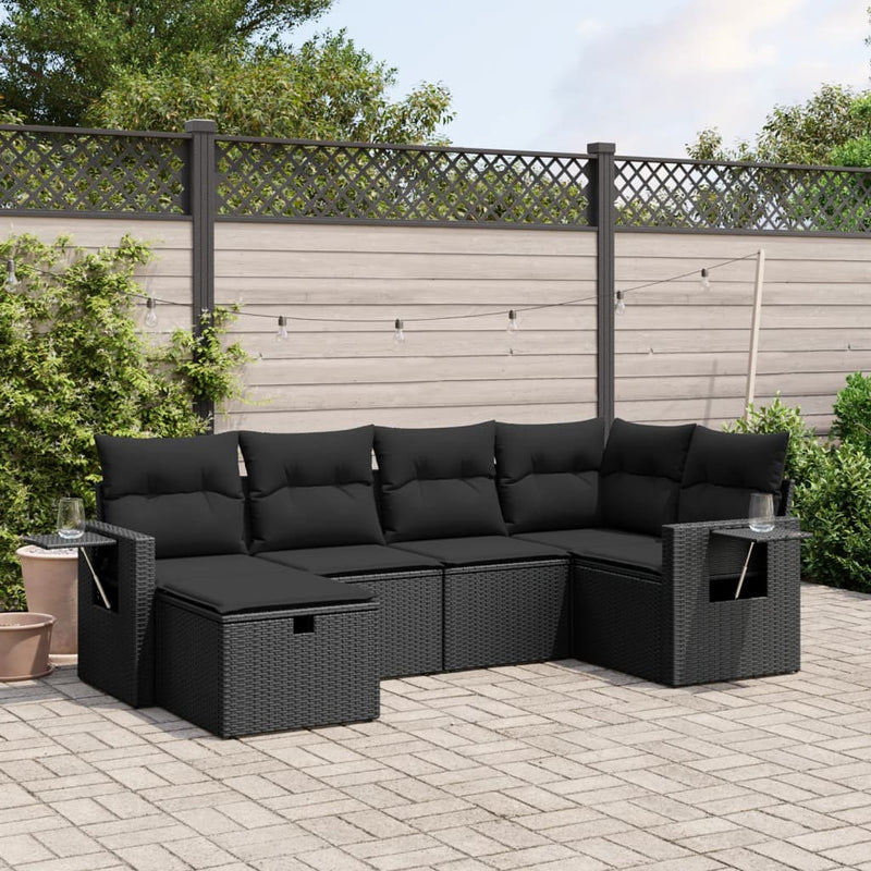 6-delige Loungeset met kussens poly rattan zwart