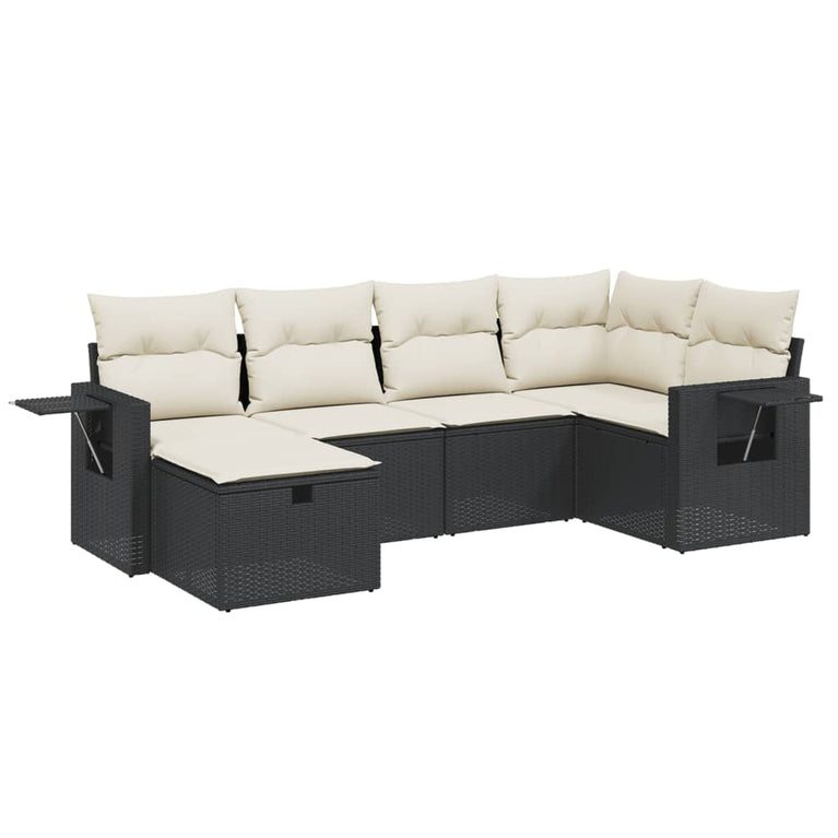 6-delige Loungeset met kussens poly rattan zwart