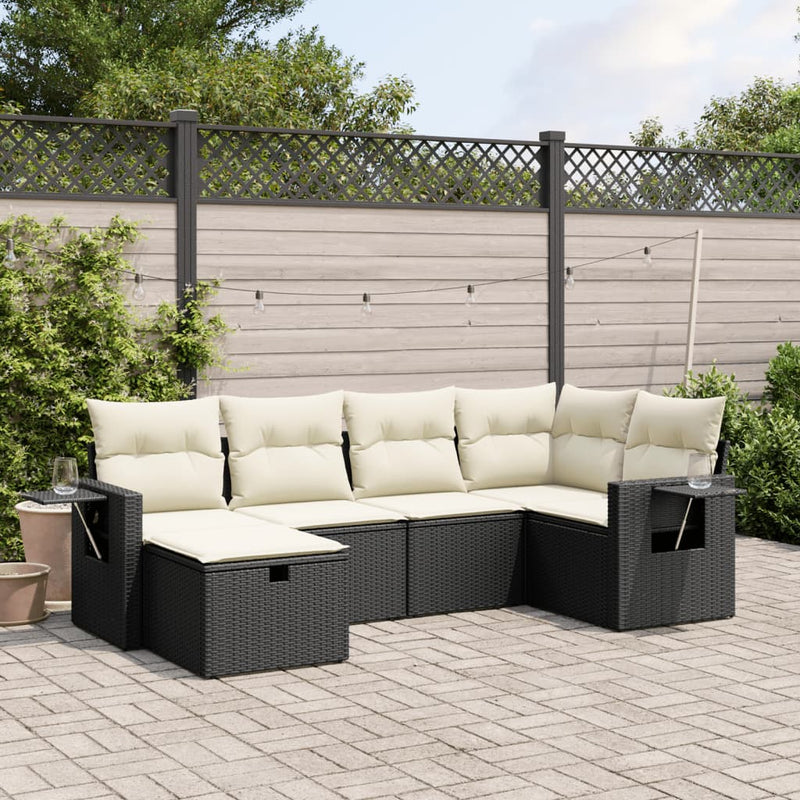 6-delige Loungeset met kussens poly rattan zwart