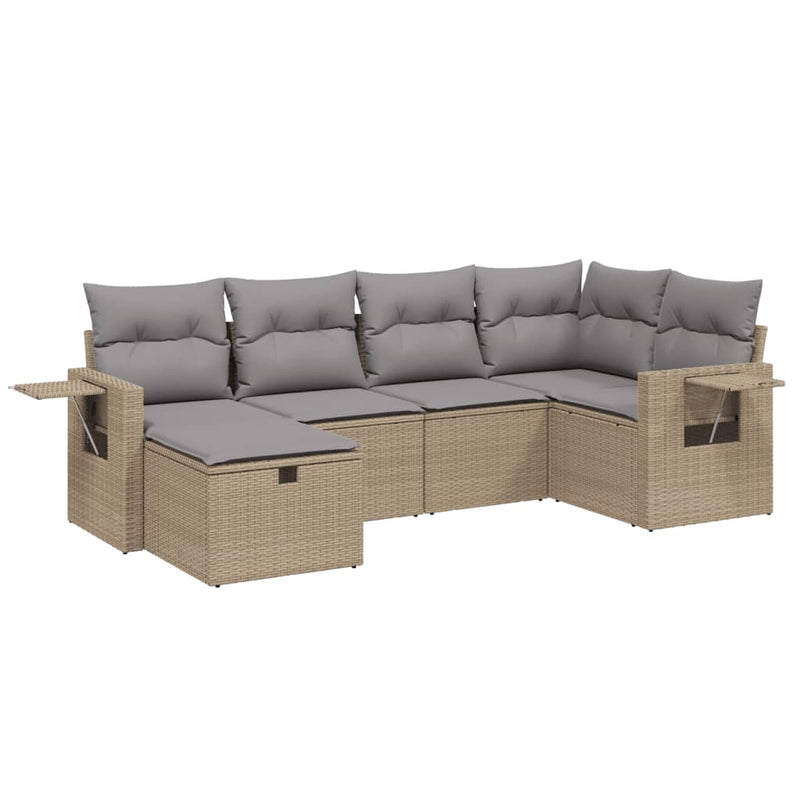 6-delige Loungeset met kussens poly rattan gemengd beige