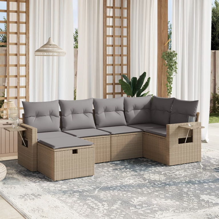 6-delige Loungeset met kussens poly rattan gemengd beige