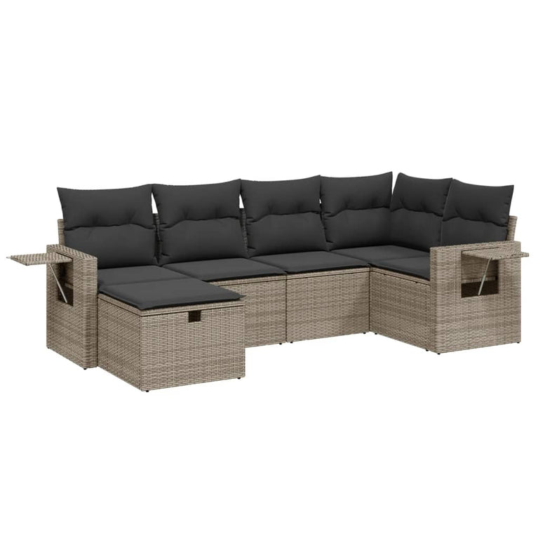 6-delige Loungeset met kussens poly rattan grijs