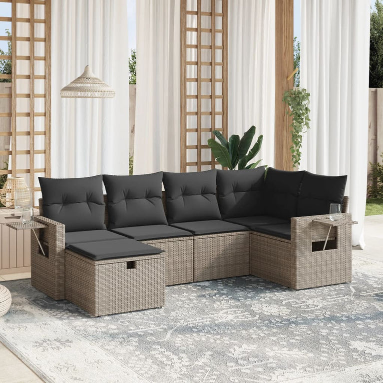 6-delige Loungeset met kussens poly rattan grijs