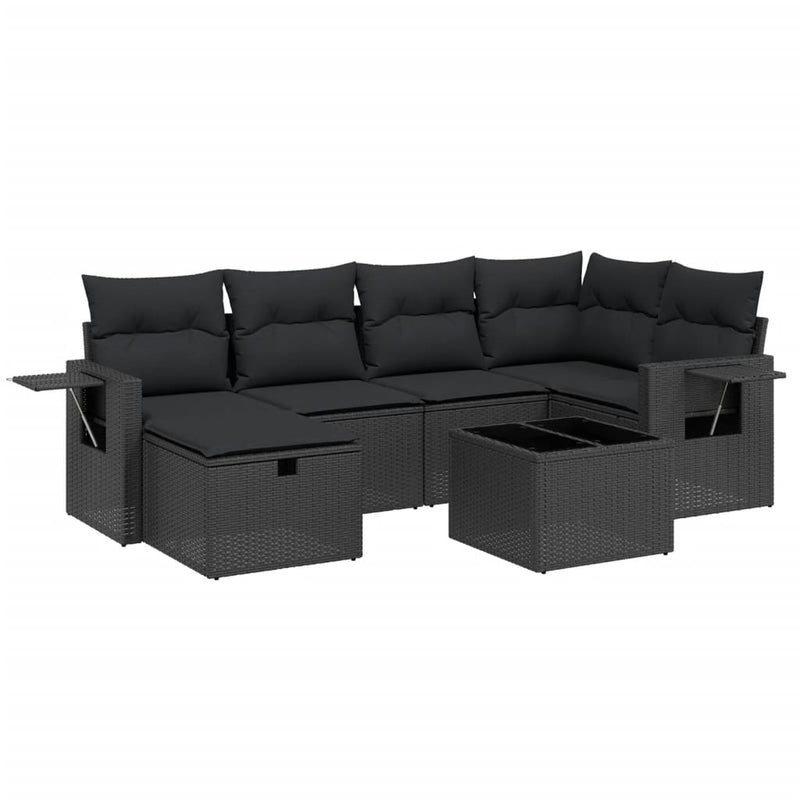 7-delige Loungeset met kussens poly rattan zwart